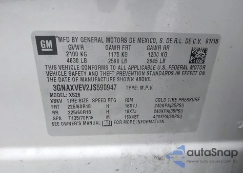 2018 Chevrolet Equinox Premier z USA, uszkodzony, nr VIN 3GNAXVEV2JS590947